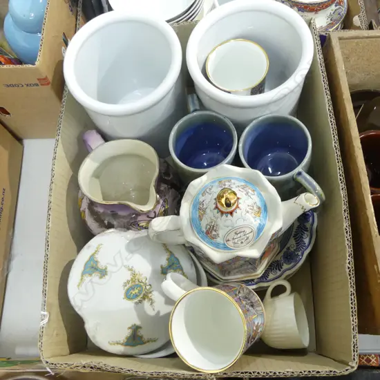BOX LOT ASSORTED CHINA TEAPOT MUGS JUG ETC