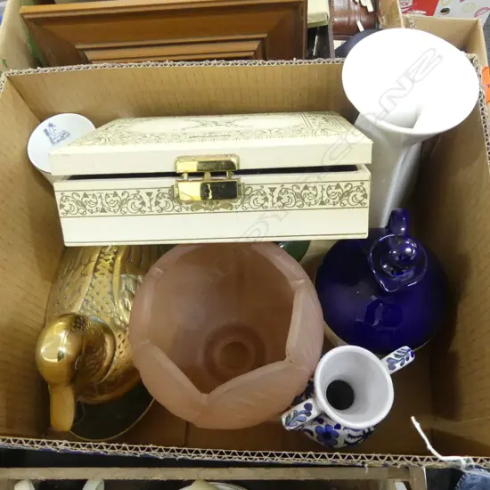 BOX LOT BRASS DUCK CHINA & GLASS COSTUME JEWLERY ETC