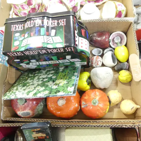 BOX LOT POTTERY VEGS POKER CHIPS STAMPS ETC