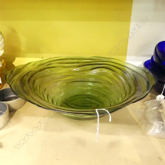 GREEN ART GLASS FRUIT BOWL 470mm dia