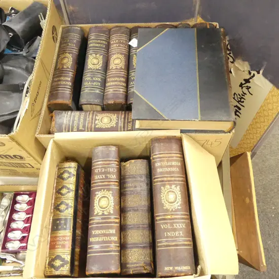 13 ANTIQUE BOOKS; ENCYCLOPEDIA BRITANNIA ETC