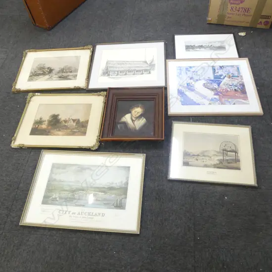 BOX OF ASSORTED PRINTS & OIL LADY BY LAMP LIGHT