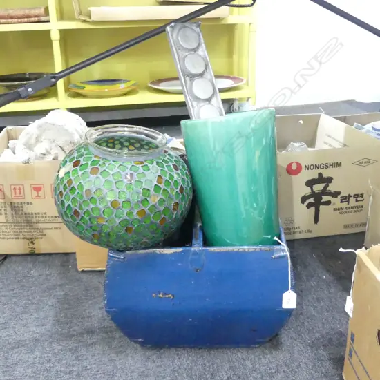 BLUE LACQUER ORIENTAL BASKET W.350mm + ASST. VASES, CANDLEHOLDERS ETC