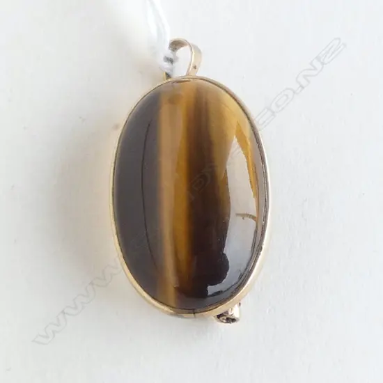 9ct GOLD mounted TIGERS EYE PENDANT with brooch fitting L.34mm 11.3gms total
