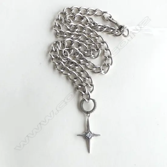 SOLID SILVER CURB LINK NECK CHAIN with SILVER GEM SET CROSS PENDANT L.440mm. 42gms