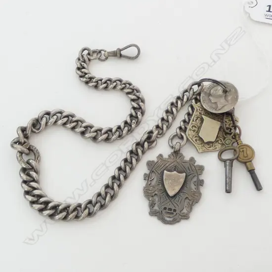 STG SILVER FOB CHAIN w. 2 TOKENS, COIN & 2 CLOCK KEYS 84gms