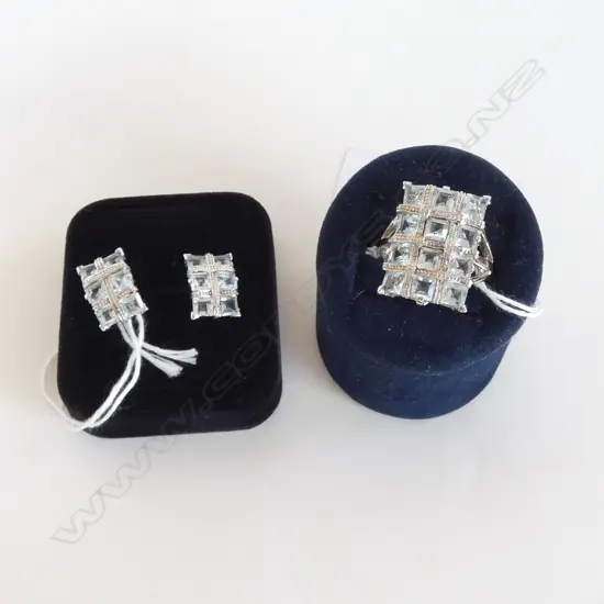 SILVER & BLUE TOPAZ SET RING & MATCHING PR EARRINGS, NEW SIZE P