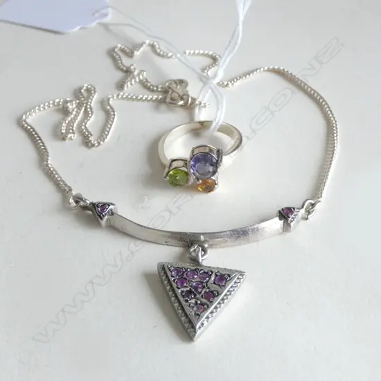 SILVER AND GEMSTONE NECKLACE AND GEMSTONE RING