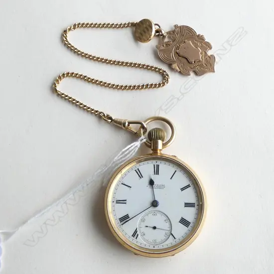 18ct GOLD EARLY 20thC GENT'S POCKET WATCH 90gms open face + 9ct CHAIN + FOB. 101gms total