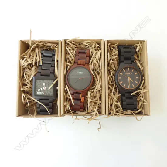 3 NEW 'TIME WOOD' WOODEN WRIST WATCHES, WOOD STRAPS, BOXED