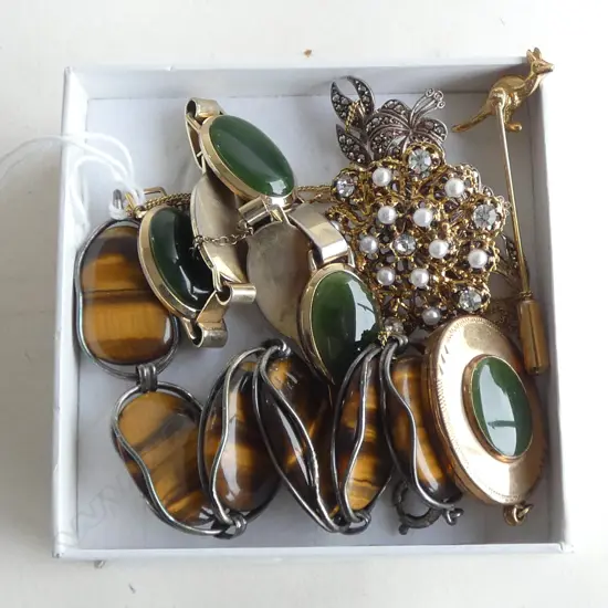 9ct GOLD LINED (plated) & POUNAMU PENDANT on chain +BRACELET + silver & goldstone BRACELET + silver marcasite brooch etc