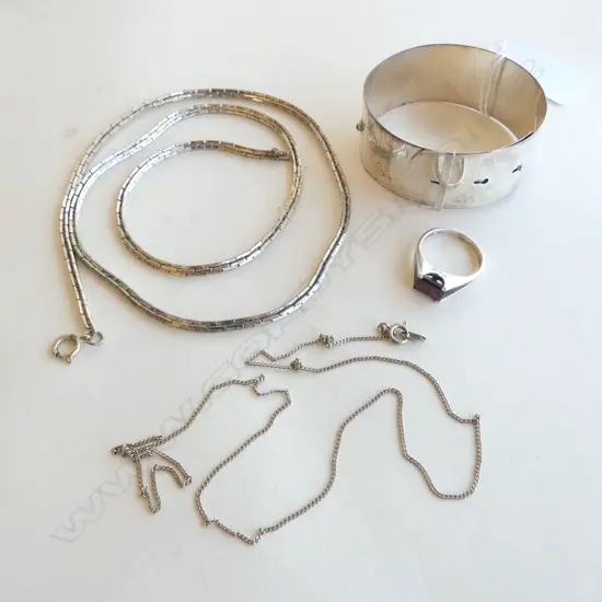 SILVER BELT FORM BANGLE + other jewellery. Silver ? chain + silver & gem set ring 