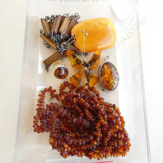 ASST. AMBER JEWELLERY: NECKLACES + LGE PENDANT + BROOCH + RING