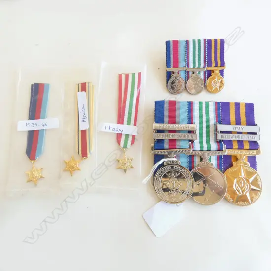 GROUP 3 WWII MEDALS: 2 with BARS SOUTHERN AFRICA + asst miniatures