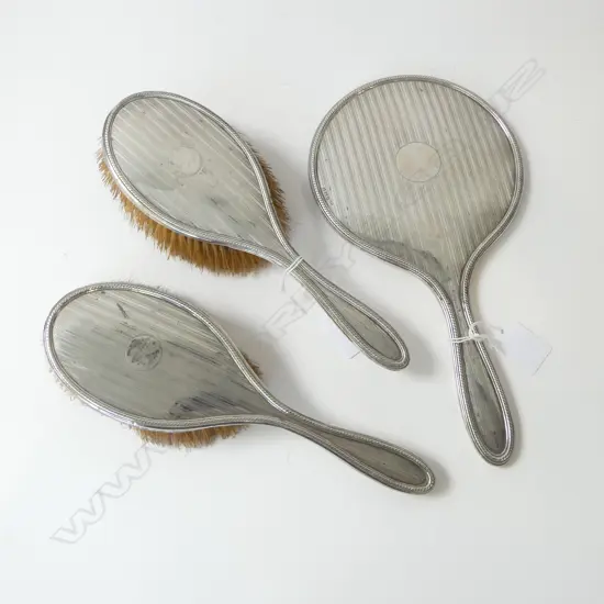 S/SILVER HAND MIRROR L280MM & 2 S/SILVER BACKED HAIR BRUSHES 
