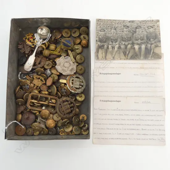 TIN OF OLD MILITARY BADGES & BUTTONS ex. estate. Labelled 'Father & self' w postcards