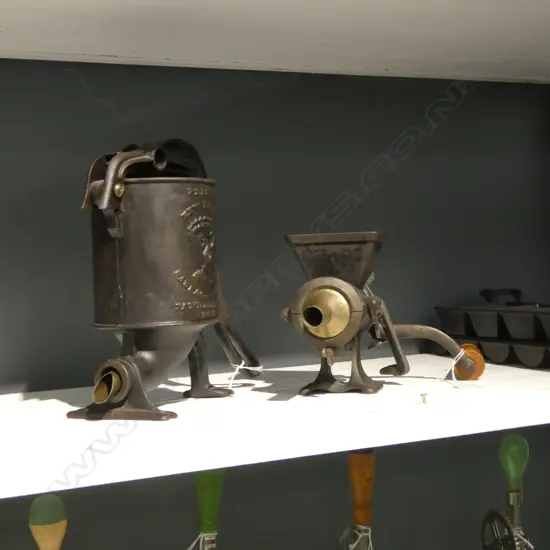 (3300/3759) ANTIQUE 1874 CAST IRON 'PERRY'S NEW LEVER SAUSAGE FILLER No.11' H.260mm & OTHER SAUSAGE STUFFER