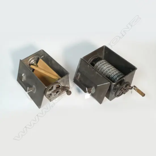 (3566/2297) 2 VINTAGE TIN CAST IRON CREAM SEPARATOR WASHERS, 1 CONVERTED TO A BUTTER CHURN W.310mm