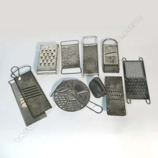 COLLECTION OF TIN GRATERS AND SLICERS LARGEST L.330mm