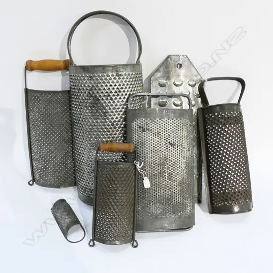 COLLECTION OF 7 VINTAGE TIN GRATERS LARGEST H.415mm