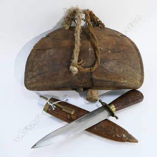 KNIFE w. CARVED WOODEN SCABBARD + RUSTIC WOODEN BELL W.300mm