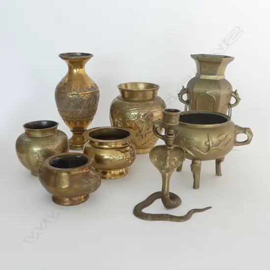 8 ASST. ORIENTAL BRASS ITEMS; 4 VASES H.205mm, 3 INCENSE BURNERS, SNAKE CANDLESTICK