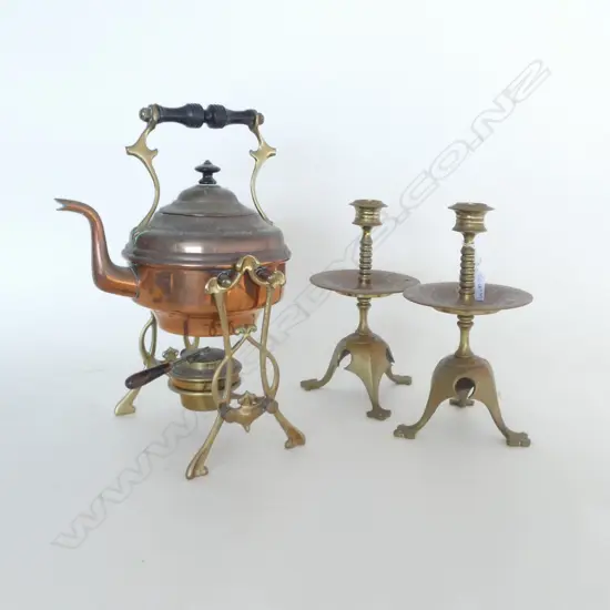 PR BRASS CANDLESTICKS H.225mm + COPPER SPIRIT KETTLE