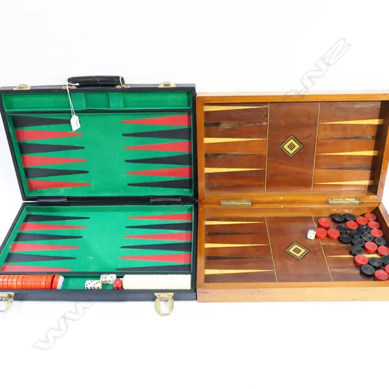 WOODEN CHESS BOARD, CASED BACKGAMMON SET