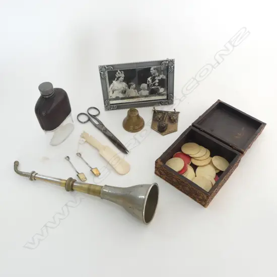 ASST ESTATE COLLECTABLES: expanding ear trumpet + ivory gaming counters + hipflask + knocker + photo + bell etc 