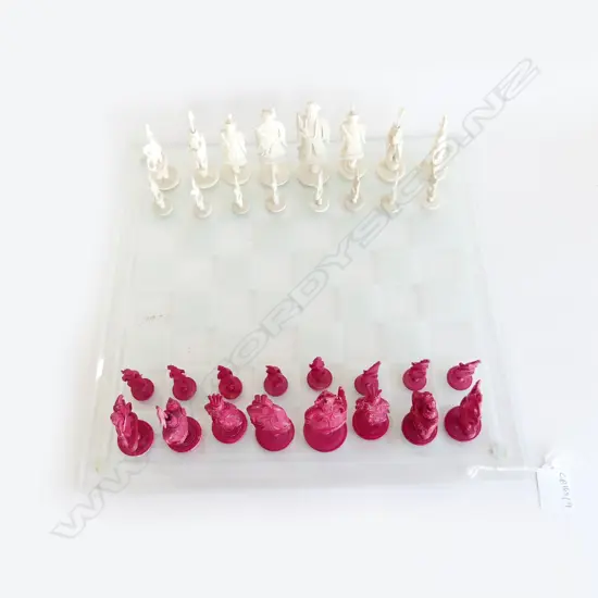 CHESS SET; NATURAL & RED DYED IVORY WITH  BOX