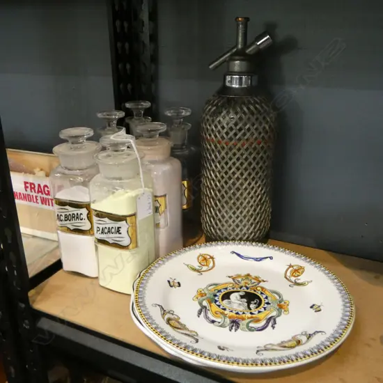SODA SYPHON, 2 PLATES, 6 GLASS PHARMACY BOTTLES