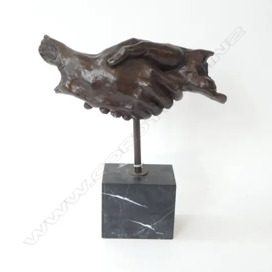BRONZE SHAKING HANDS SCULPTURE ON MARBLE BASE H.360mm