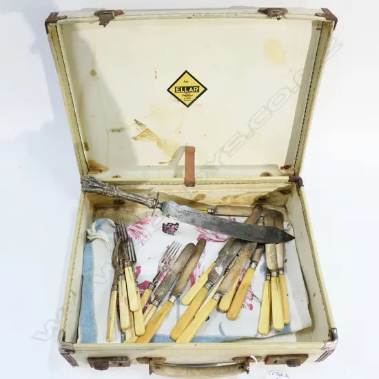 VINTAGE TRAVEL CASE WITH Victorian IVORY HANDLED asst. FRUIT SET 6 FORKS + 13 KNIVES + carving knife