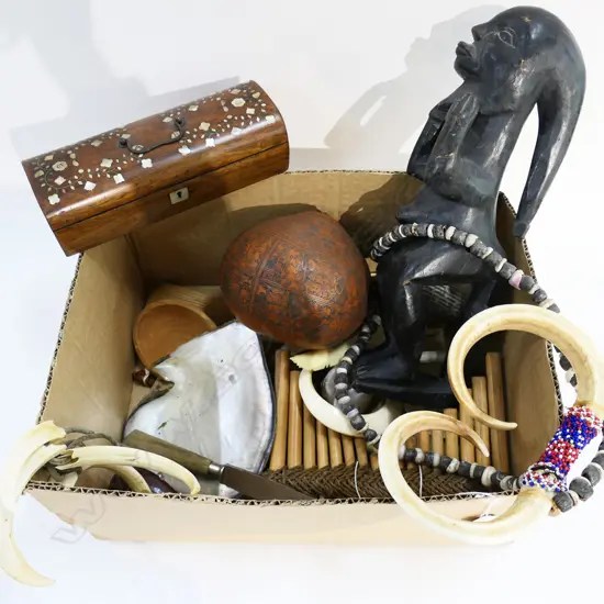 BOX PNG NECKLACE. TUSKS. SHELLS. UTENSILS. SHELLS. INLAID HARDWOOD BOX. fine engraved gourd. carving  etc 