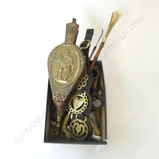 EP CUTLERY, PEWTER MEASURES, BELLOWS, HORSE BRASS, SHOE HORN ETC