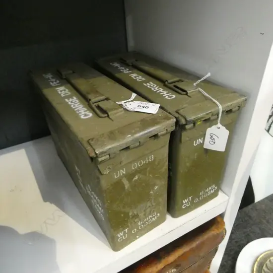 2 VINTAGE MILITARY GREEN PAINTED AMMUNITION BOXES rubber sealed hinged lid  280 X 95 X 180mm