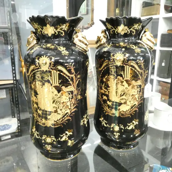 PR LIMOGES STYLE BLACK & GOLD VASES H.360mm