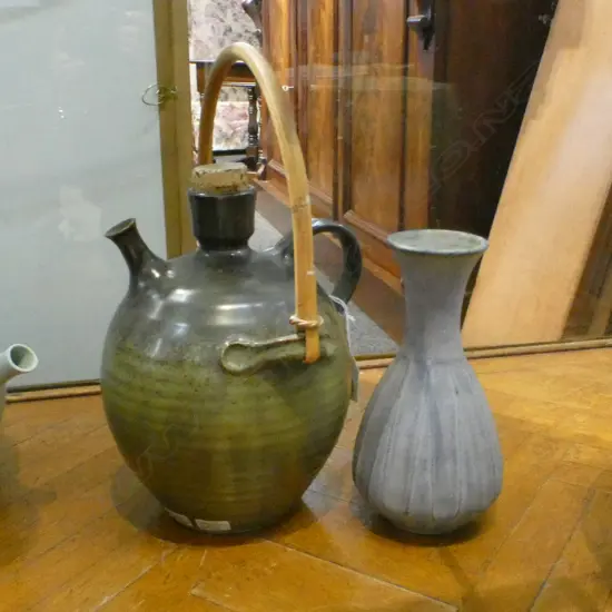 WAIMEA POTTERY TEAPOT H.330mm handle repaired + MICHAEL BLOCK VASE H.205mm