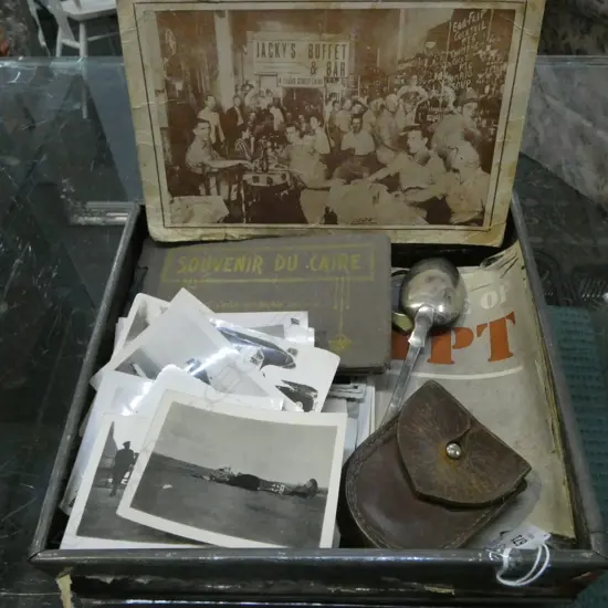 WWII PHOTOS + BRASS COMPASS & EMPHEMERA includes 'The Battle of Egypt' newspaper + silver spoon. postcards + wallet etc