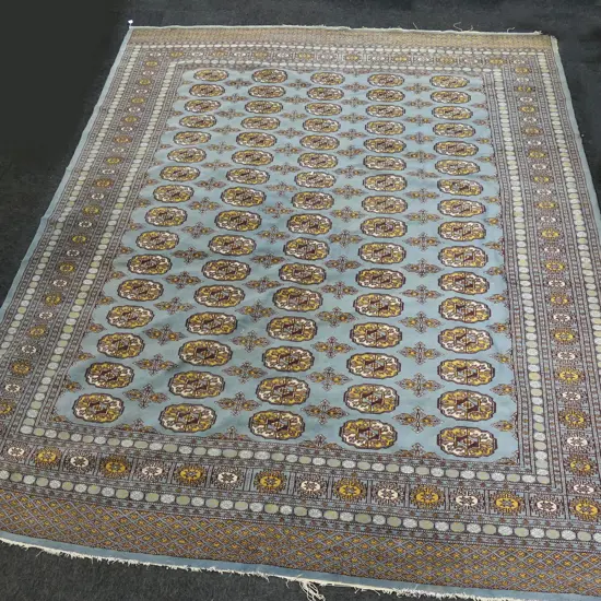HAND KNOTTED BLUE WOOL PILE RUG 3000x2500mm faults