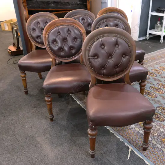 6 VICTORIAN DINING CHAIRS, BROWN VINYL UPHOLSTERY