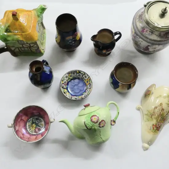 10 PCES DECO / VINTAGE CHINA; ROYAL WINTON COTTAGE TEAPOT, BISCUIT BARREL ETC