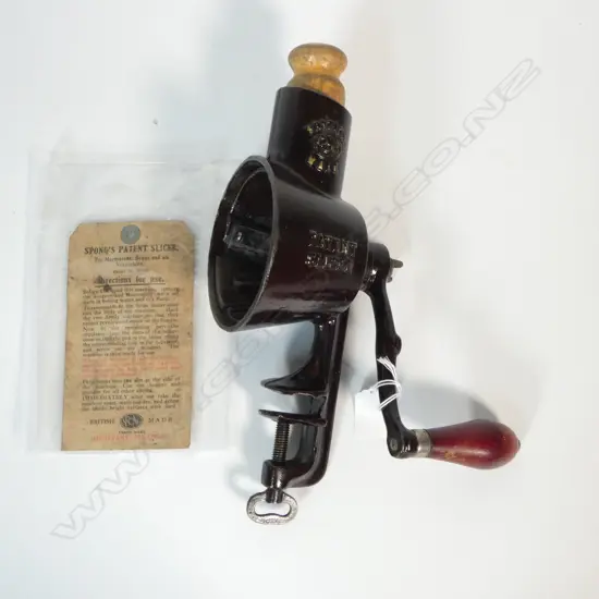 ANTIQUE CAST IRON SPONG FOOD SLICER w. ORIGINAL BOX AND INSTRUCTIONS L.300mm