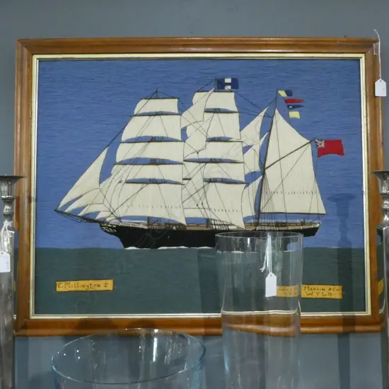 WOOL WORK SAILBOAT ARTWORK 'C MILLINGTON KILLICK MARTIN & CO' 530x680mm 