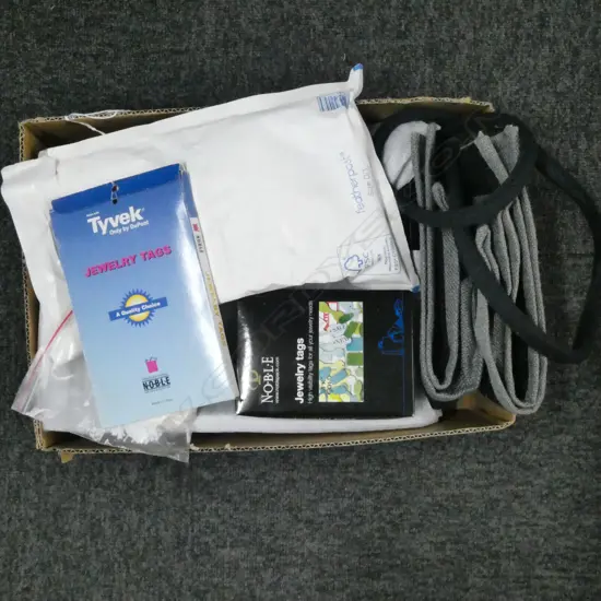 BOX NOBLE NEW JEWELLERY DISPLAY ITEMS: 2 QUALTY TRAYS + ASST TAGS ETC