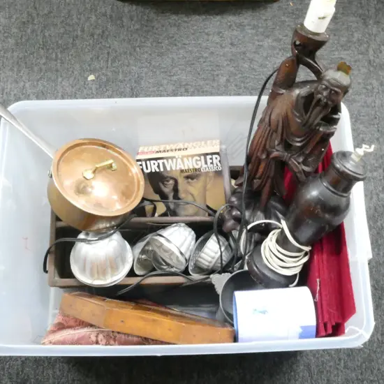 2 TABLE LAMPS AF, COPPER POT, RED FELT PLACEMATS ETC