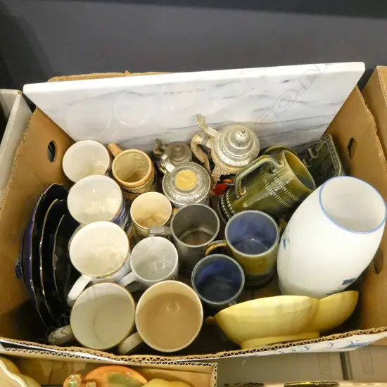 ASST CHINA; COM. TANKARDS, ASST WADE, STEINS, MARBLE CHEESEBOARD, etc