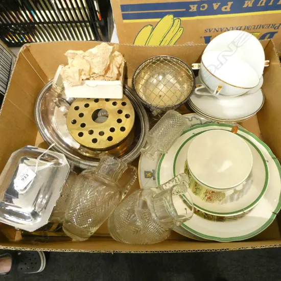 BOX OF OLD SILVER PLATE + COPELAND SPODE HUNTING CHINA + PR ANTIQUE CUT CRYSTAL JUGS ETC