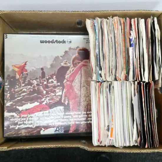 VINTAGE RECORDS, 78s & 33s INCL. WOODSTOCK SET & POSTERS