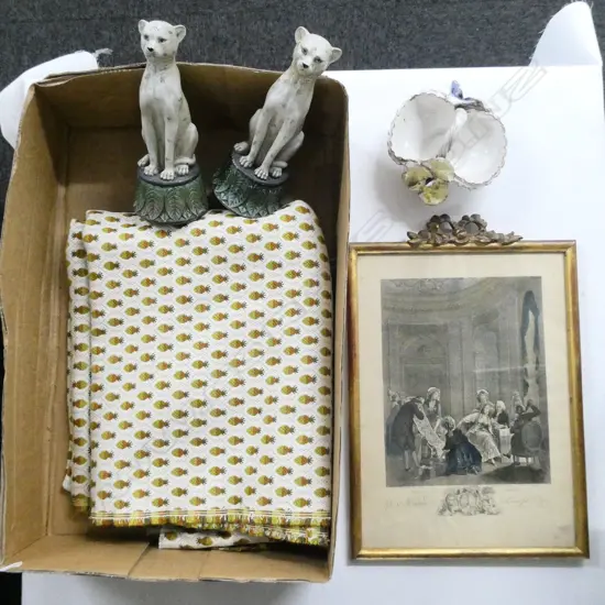 FRENCH COLOURED ENGRAVING 345x245mm, UPHOLSTERY FABRIC, PR PAINTED RESIN CATS H.220mm, BASKET AF